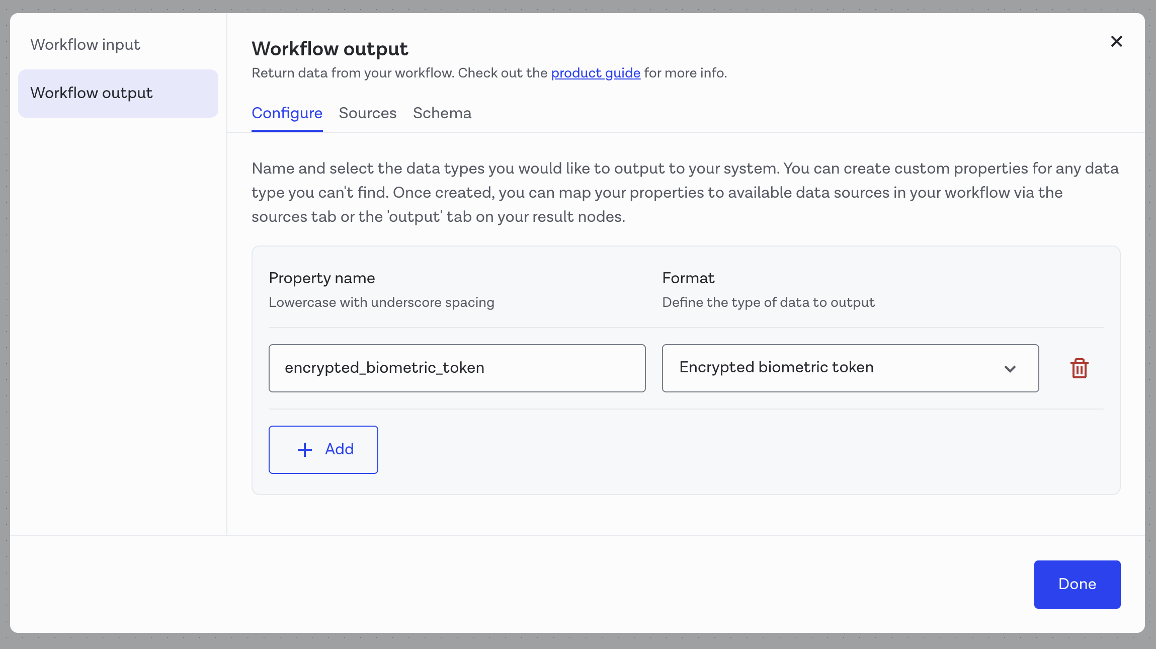 Encrypted biometric token as workflow output
